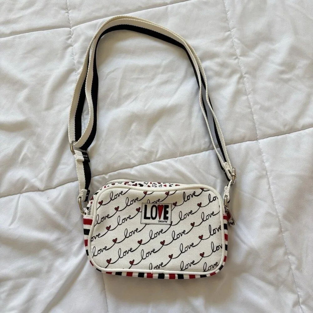 Brighton Love Scroll Canvas‎ Crossbody Bag Purse White Red Black Hearts